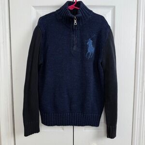 Polo Ralph Lauren Kids M 10-12 Navy Blue Quarter Zip Bog Pony Sweater Preppy‎